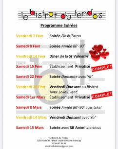 Programme des soirées au Bistrot du Tendos